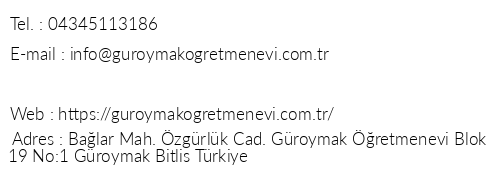 Bitlis Groymak retmenevi telefon numaralar, faks, e-mail, posta adresi ve iletiim bilgileri